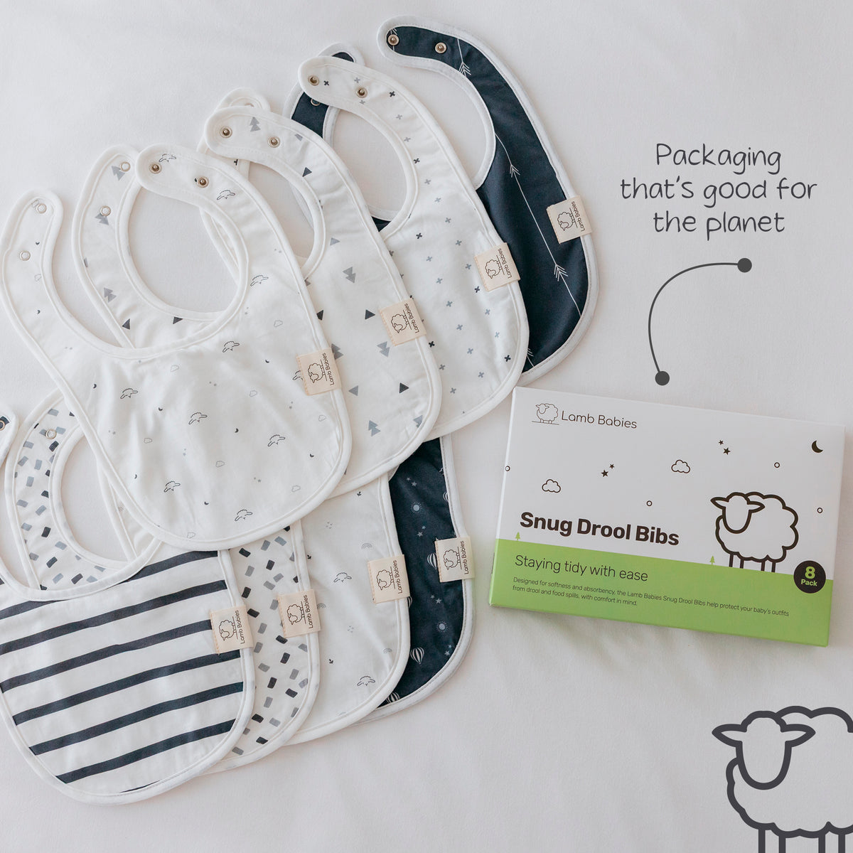 Lamb Babies Snug Drool Bibs in Pattern with recyclable packaging
