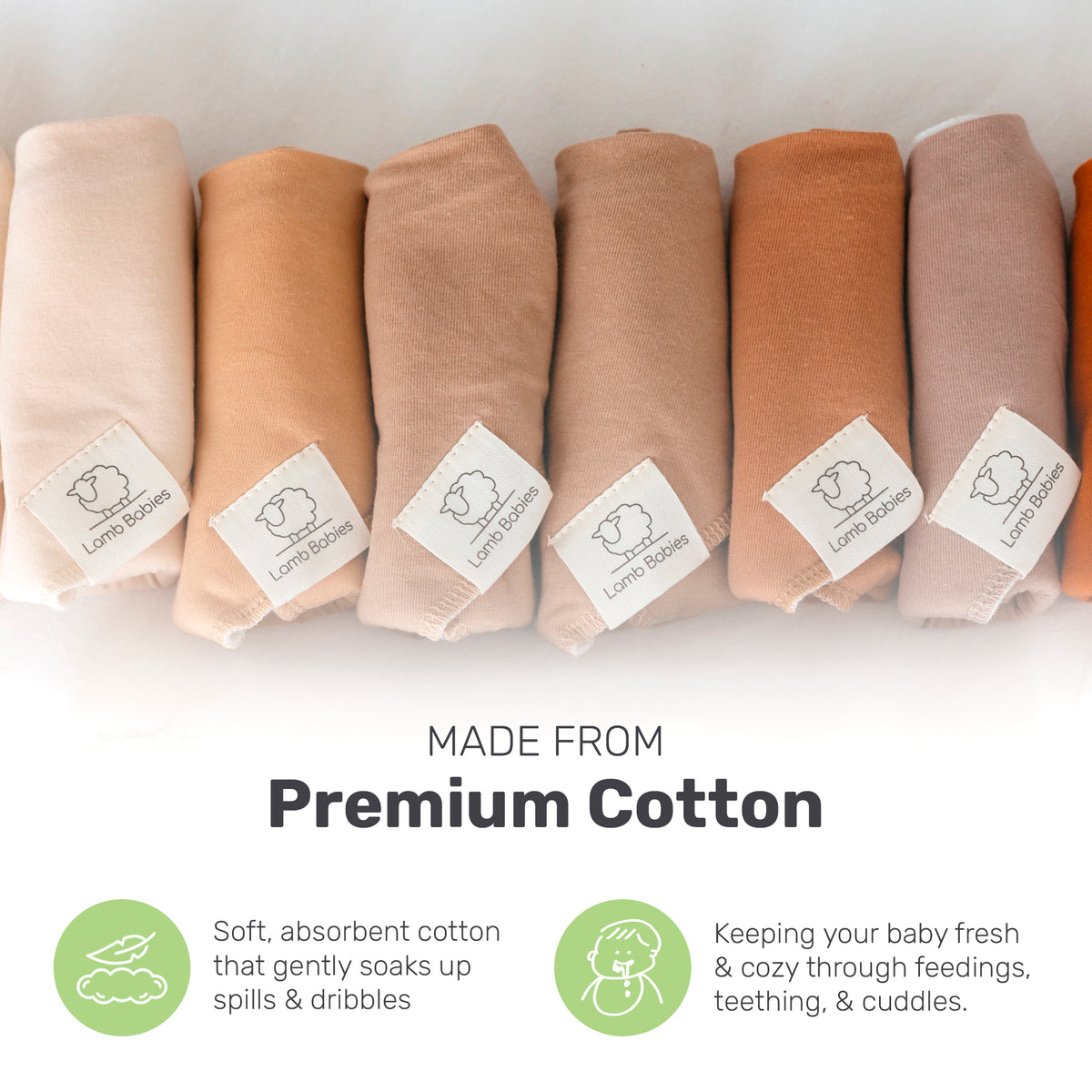Row of Lamb Babies Bandana Bibs in brown and tan cotton