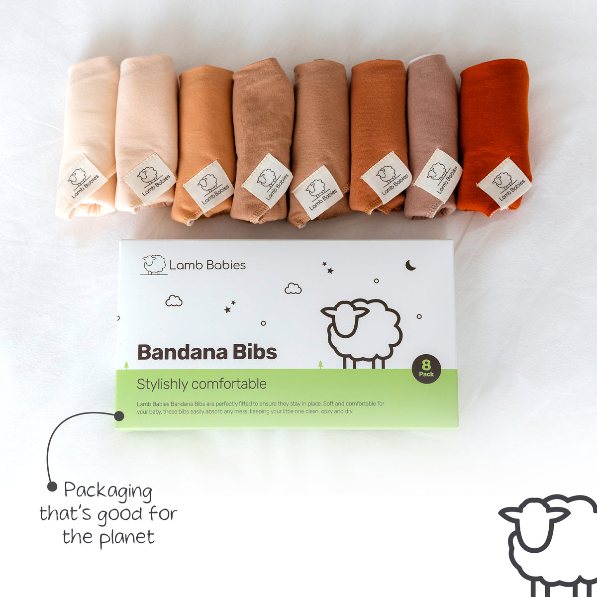 Lamb Babies Bandana Bibs in Brown tones with recyclable packaging