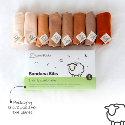 Lamb Babies Bandana Bibs in Brown tones with recyclable packaging