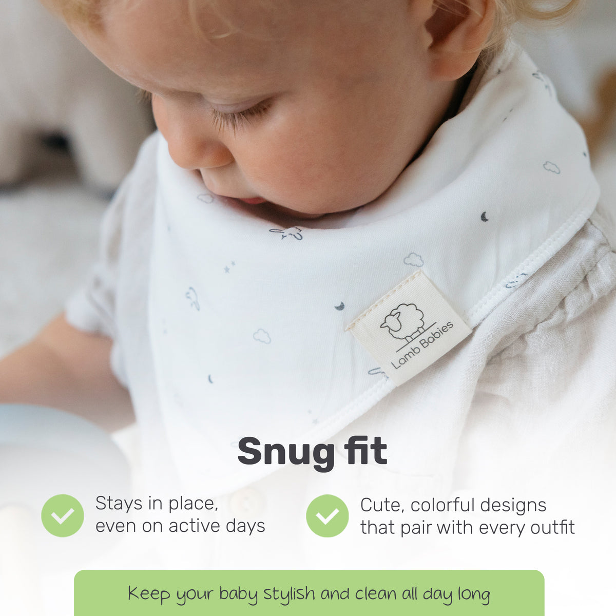 Baby wearing a patterned Lamb Babies Bandana Bib