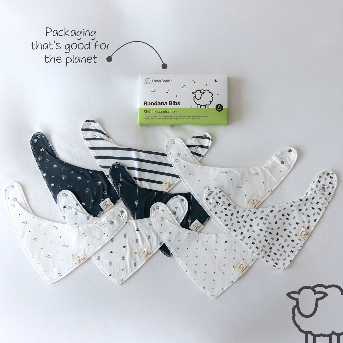 Lamb Babies Bandana Bibs in Pattern with recyclable packaging