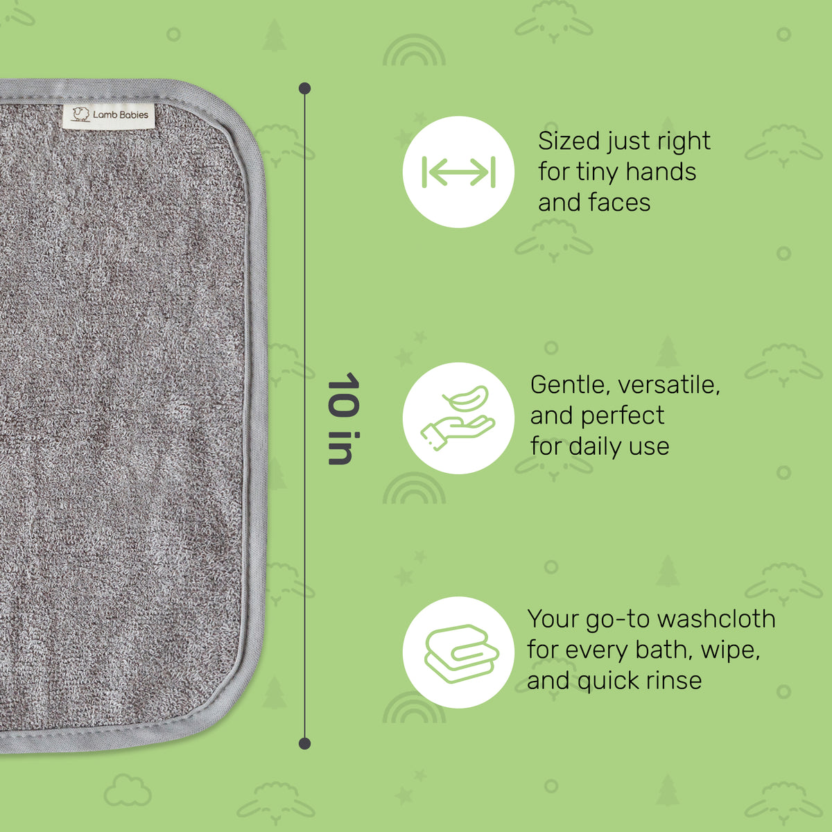 Gray Lamb Babies washcloth shown at 10 inches