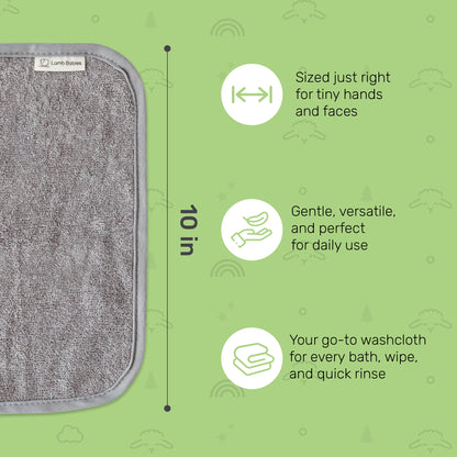 Gray Lamb Babies washcloth shown at 10 inches