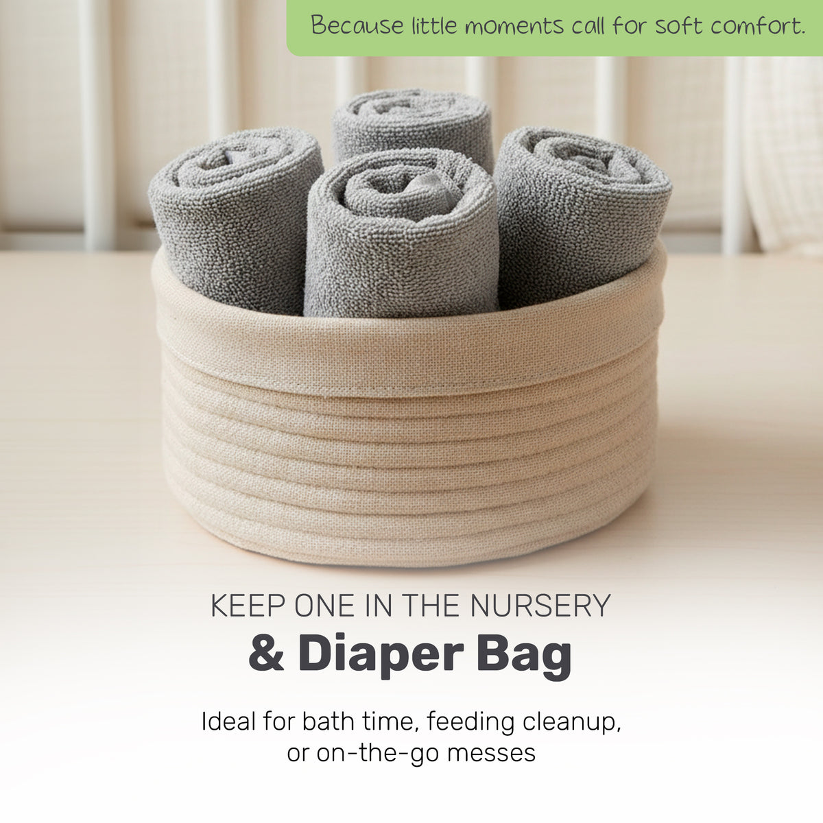 Rolled gray Lamb Babies washcloths in a basket for the nursery or diaper bag