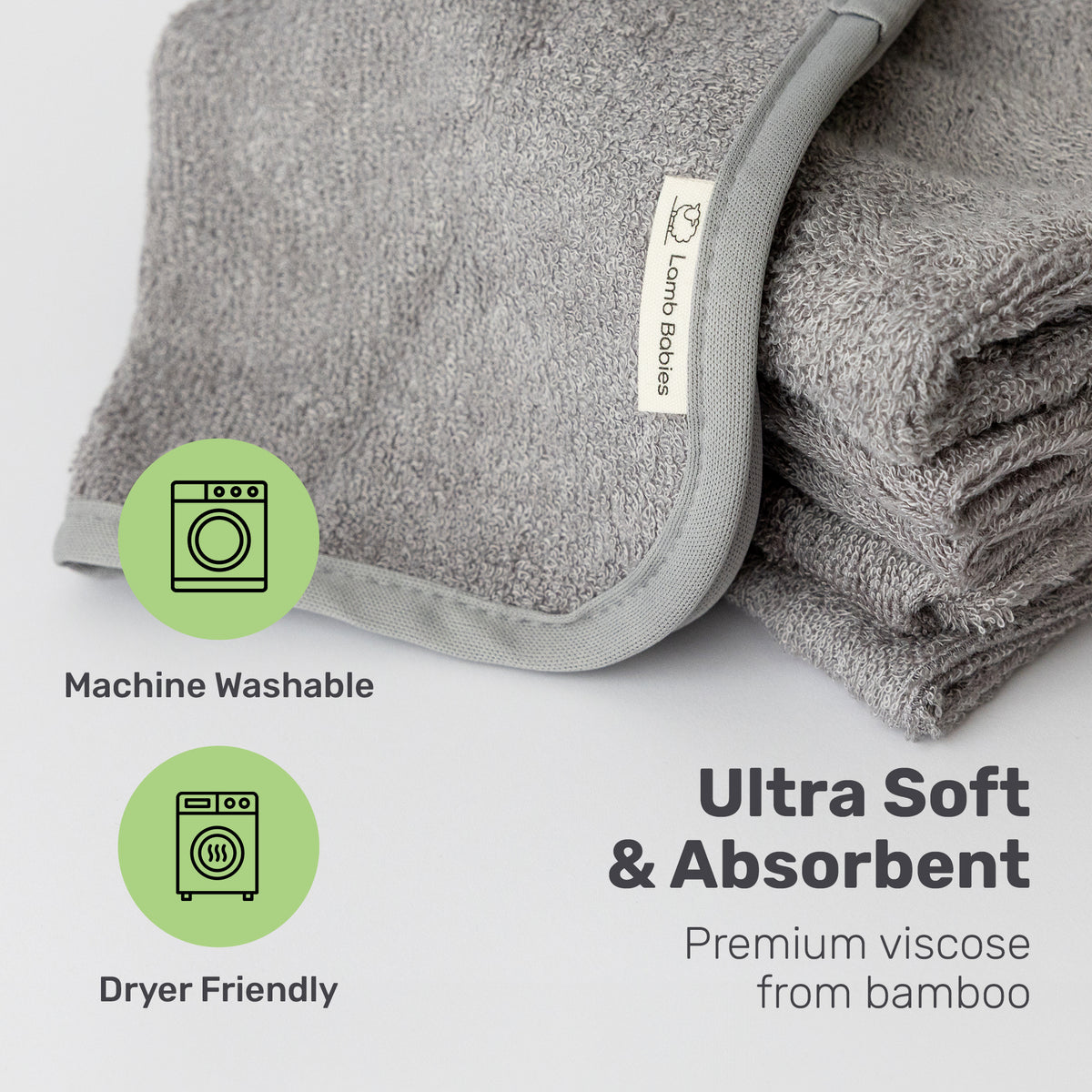 Gray Lamb Babies washcloth, machine washable and dryer friendly