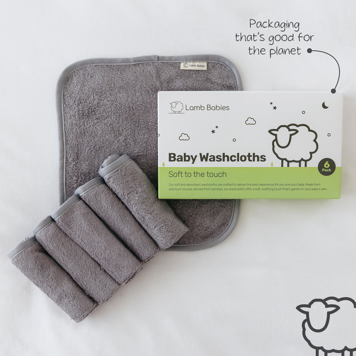 Lamb Babies Baby Washcloths in Gray with recyclable packaging