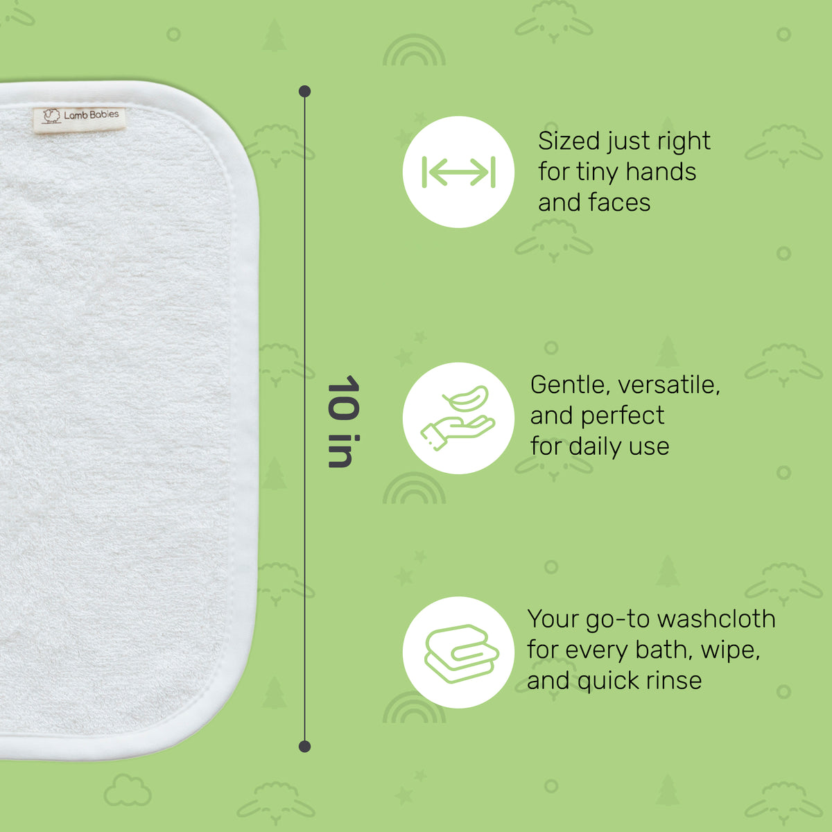 White Lamb Babies washcloth shown at 10 inches
