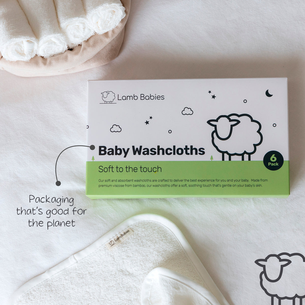 Lamb Babies Baby Washcloths in White with recyclable packaging
