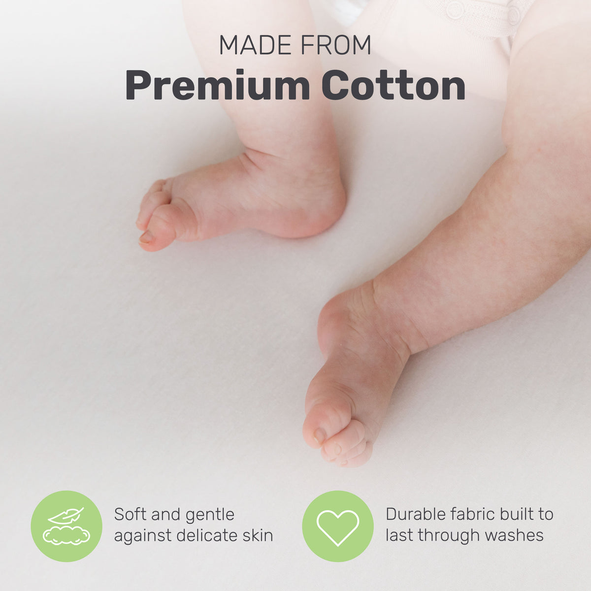 Baby's feet on a Lamb Babies cotton crib sheet