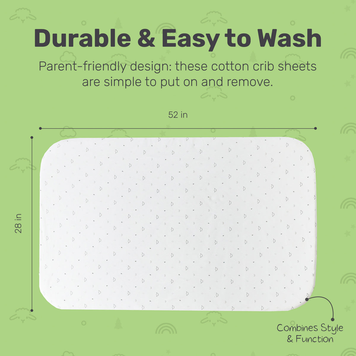 Lamb Babies Comfort Fitted Crib Sheet with dimensions, machine washable