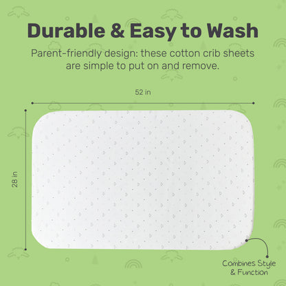 Lamb Babies Comfort Fitted Crib Sheet with dimensions, machine washable