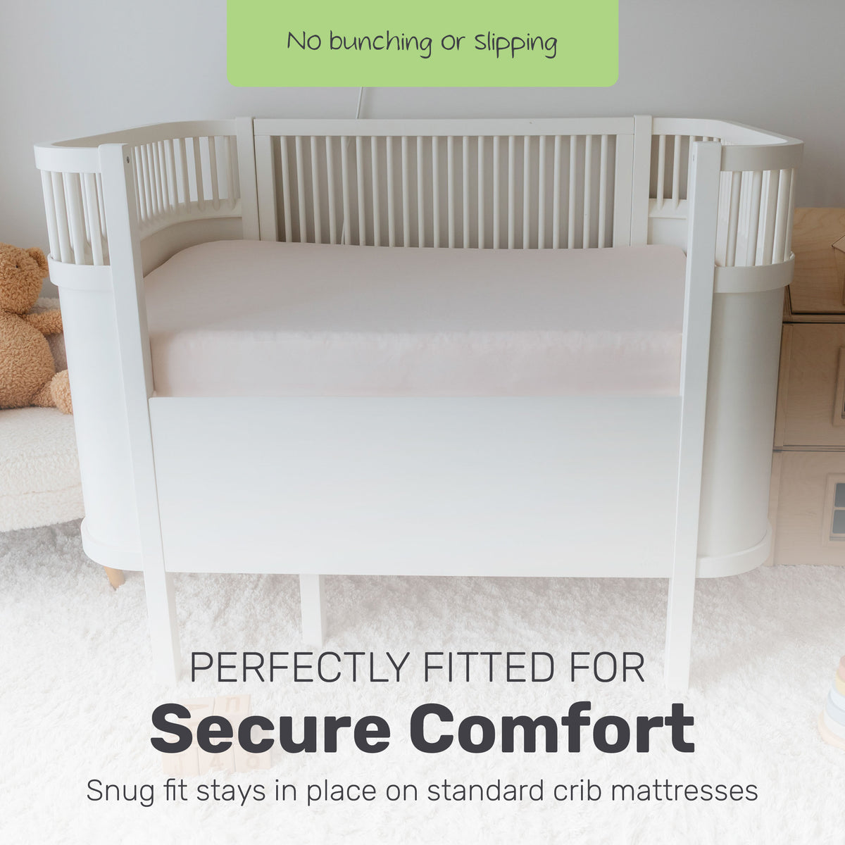 Lamb Babies Comfort Fitted Crib Sheet on a white crib