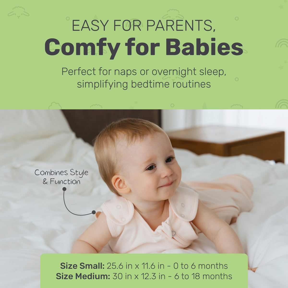 Size guide for Lamb Babies Cozy Sleep Sacks, Small and Medium