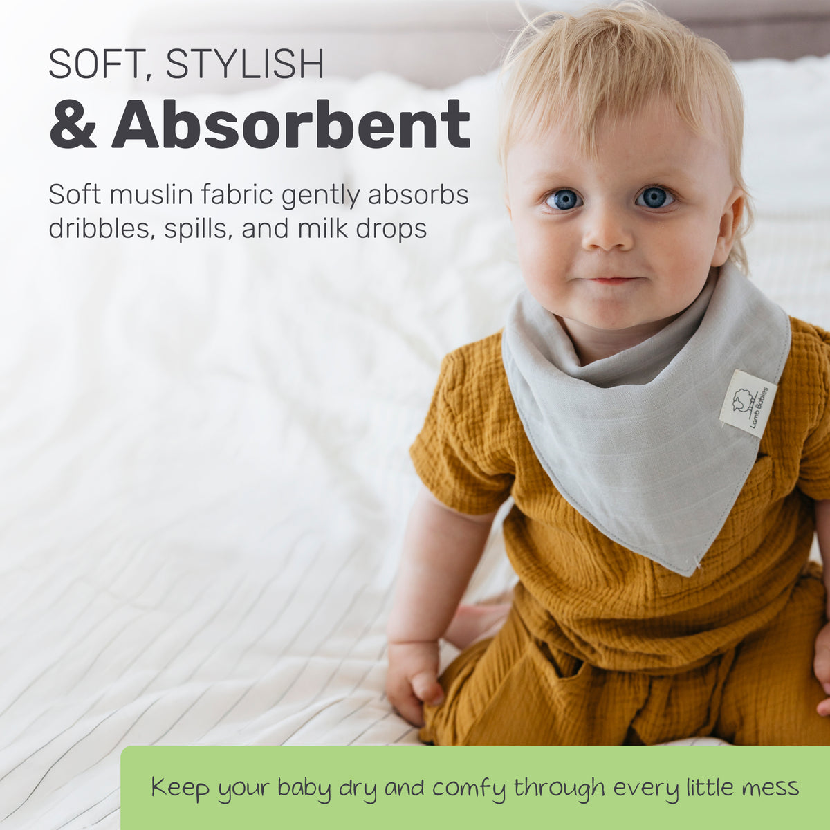 Toddler wearing a mustard Lamb Babies Muslin Bandana Bib