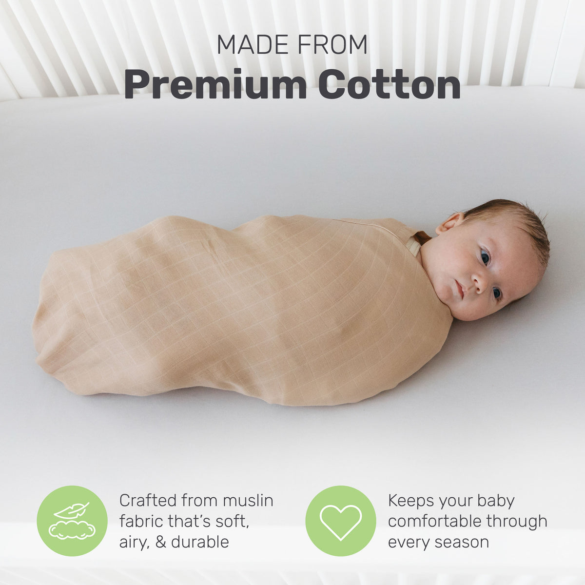 Baby wrapped in a Lamb Babies muslin swaddle blanket