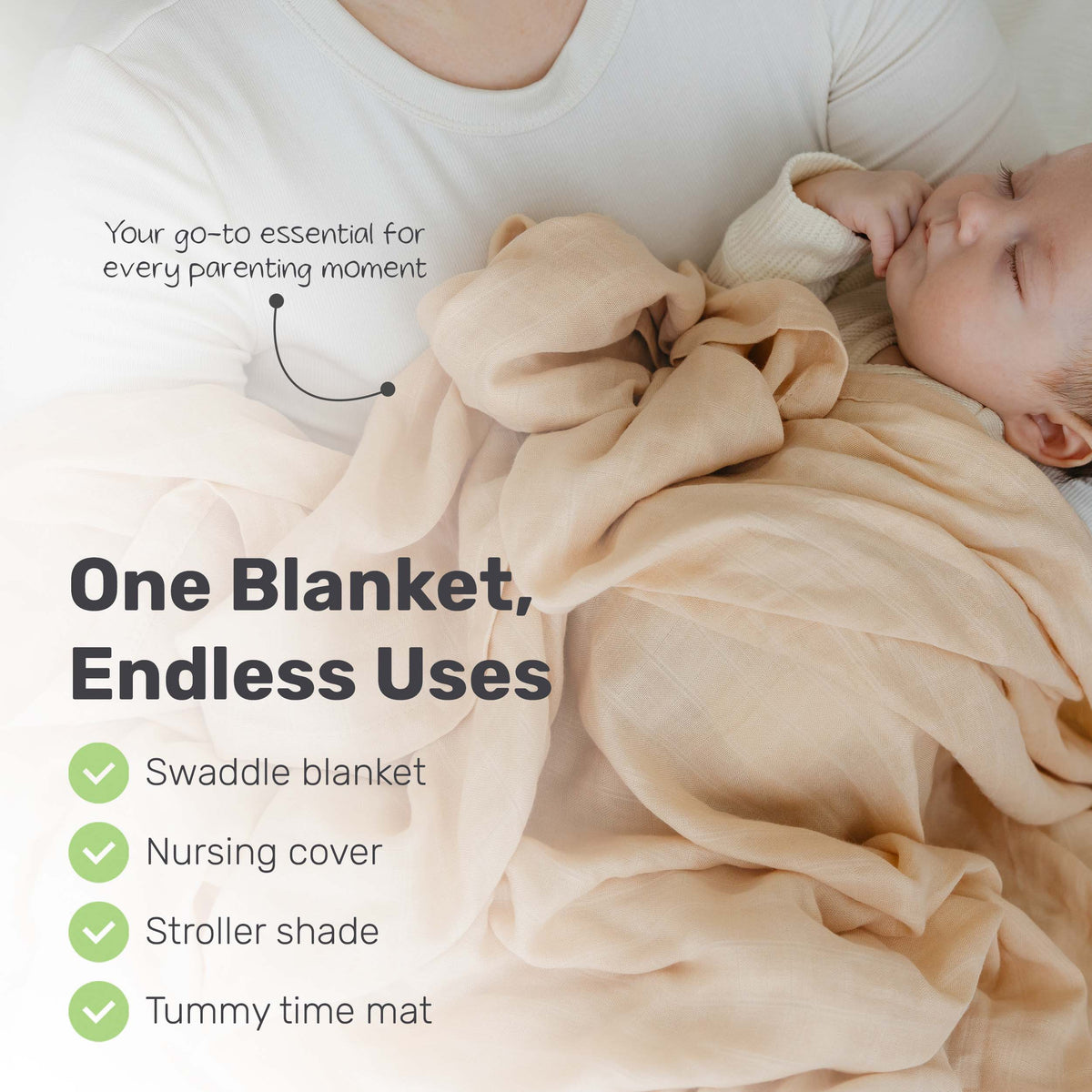 Parent holding a baby in a Lamb Babies muslin blanket, shown as swaddle, nursing cover and stroller cover