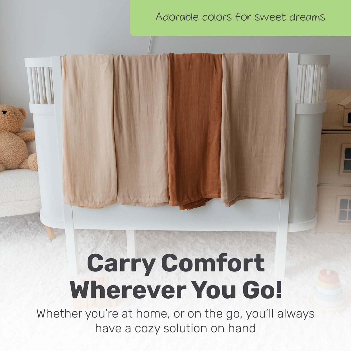 Lamb Babies muslin swaddle blankets draped over a stroller
