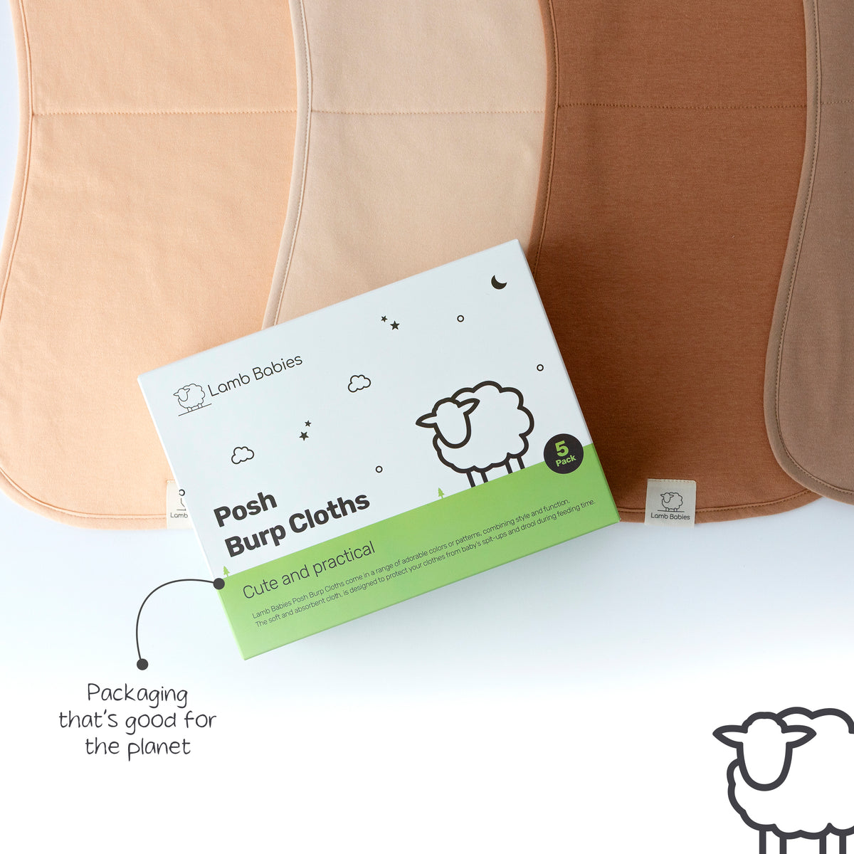Lamb Babies Posh Burp Cloths in Brown tones with recyclable packaging