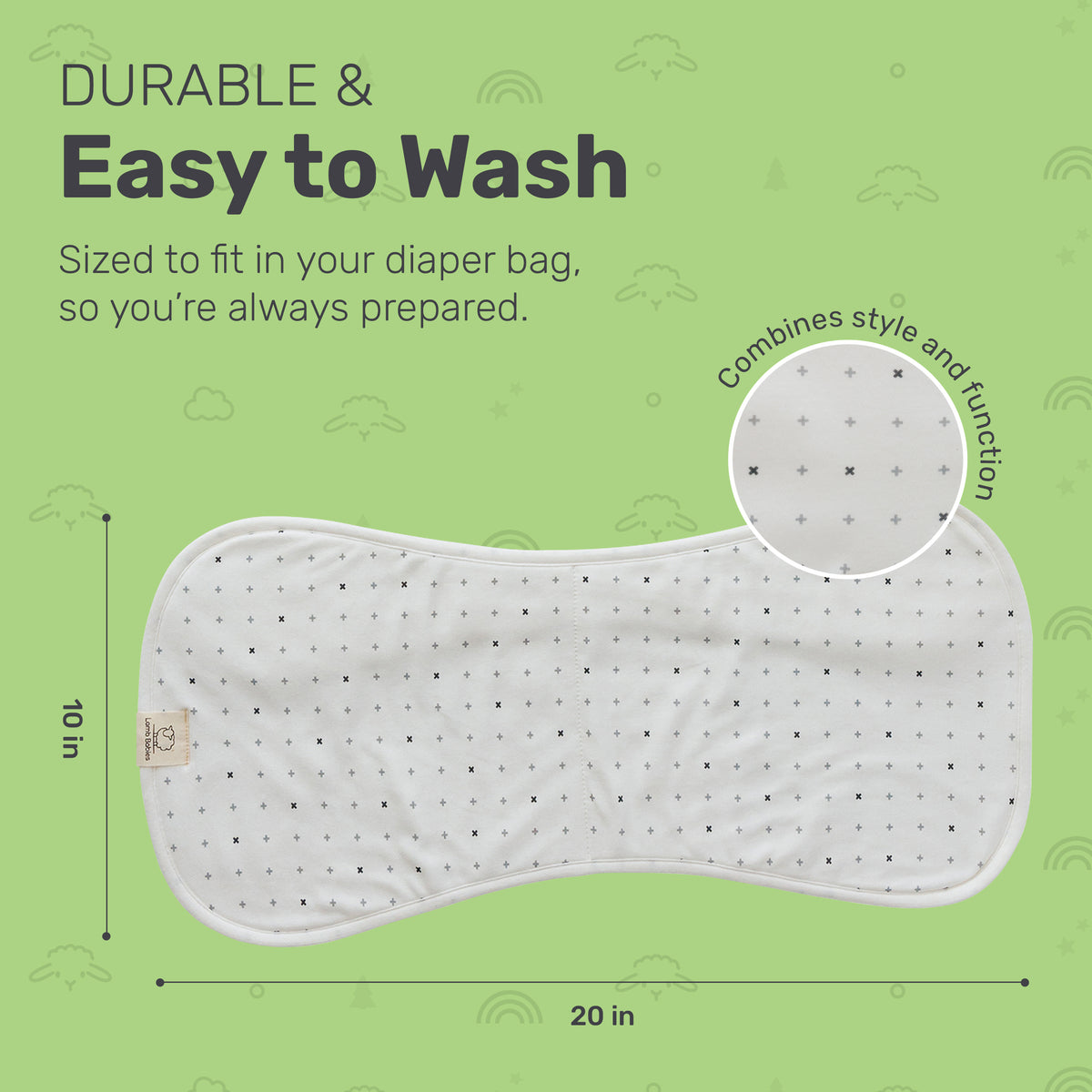 Patterned Lamb Babies Posh Burp Cloth with dimensions, machine washable