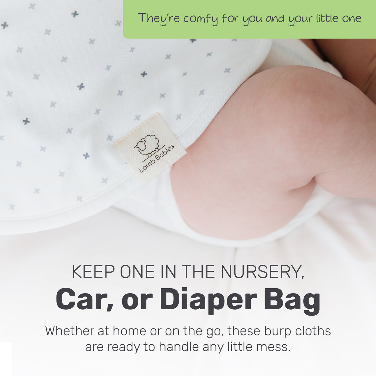 Baby with a patterned Lamb Babies Posh Burp Cloth, for the nursery, car or diaper bag