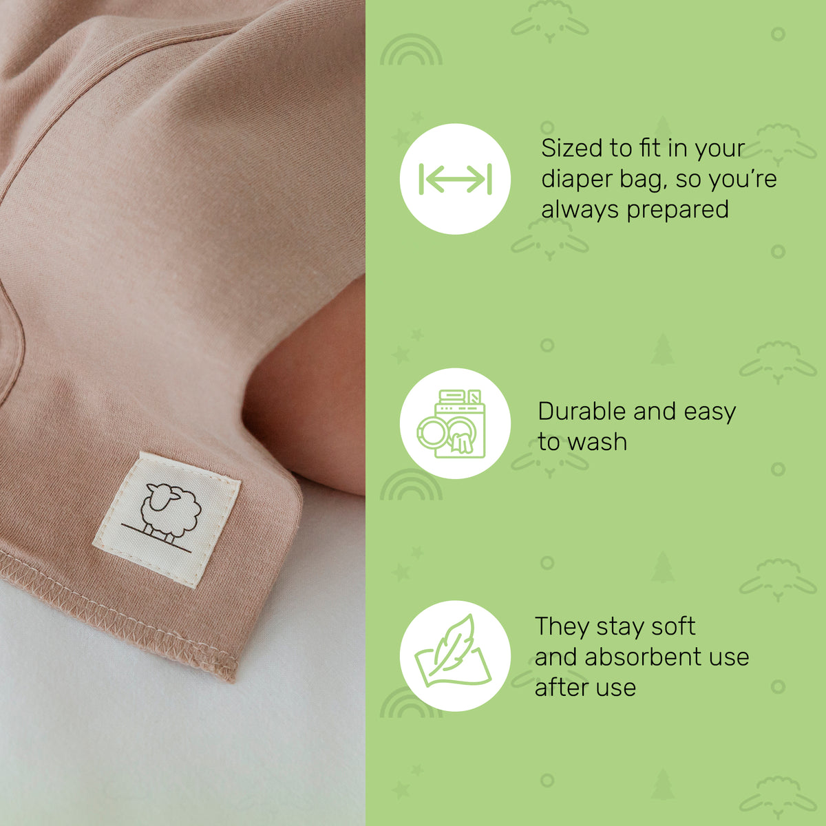 Brown Lamb Babies Snug Burp Cloth size and features