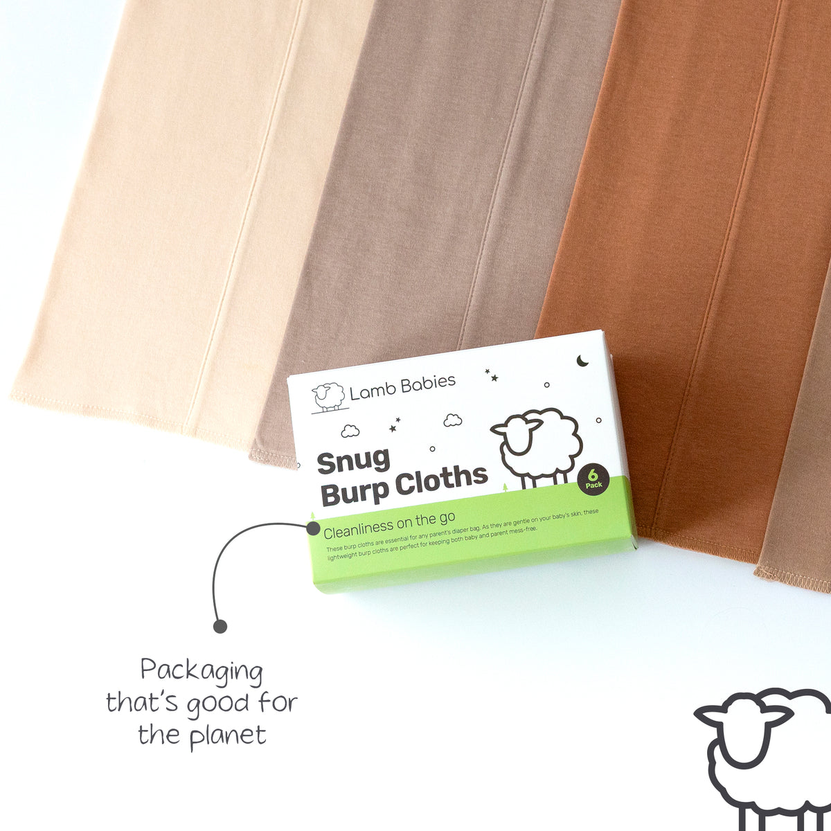 Lamb Babies Snug Burp Cloths in Brown tones with recyclable packaging