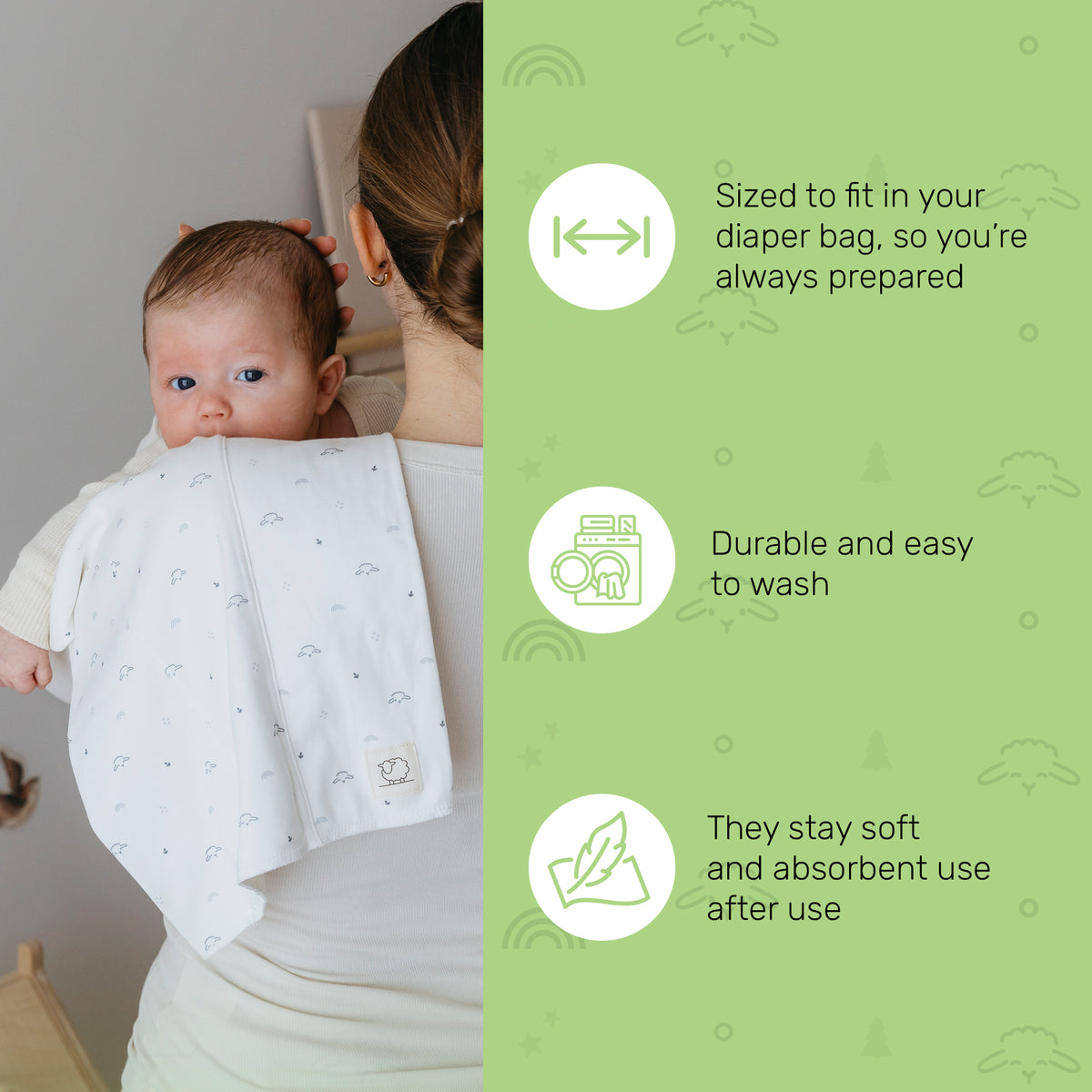 Patterned Lamb Babies Snug Burp Cloth size and features