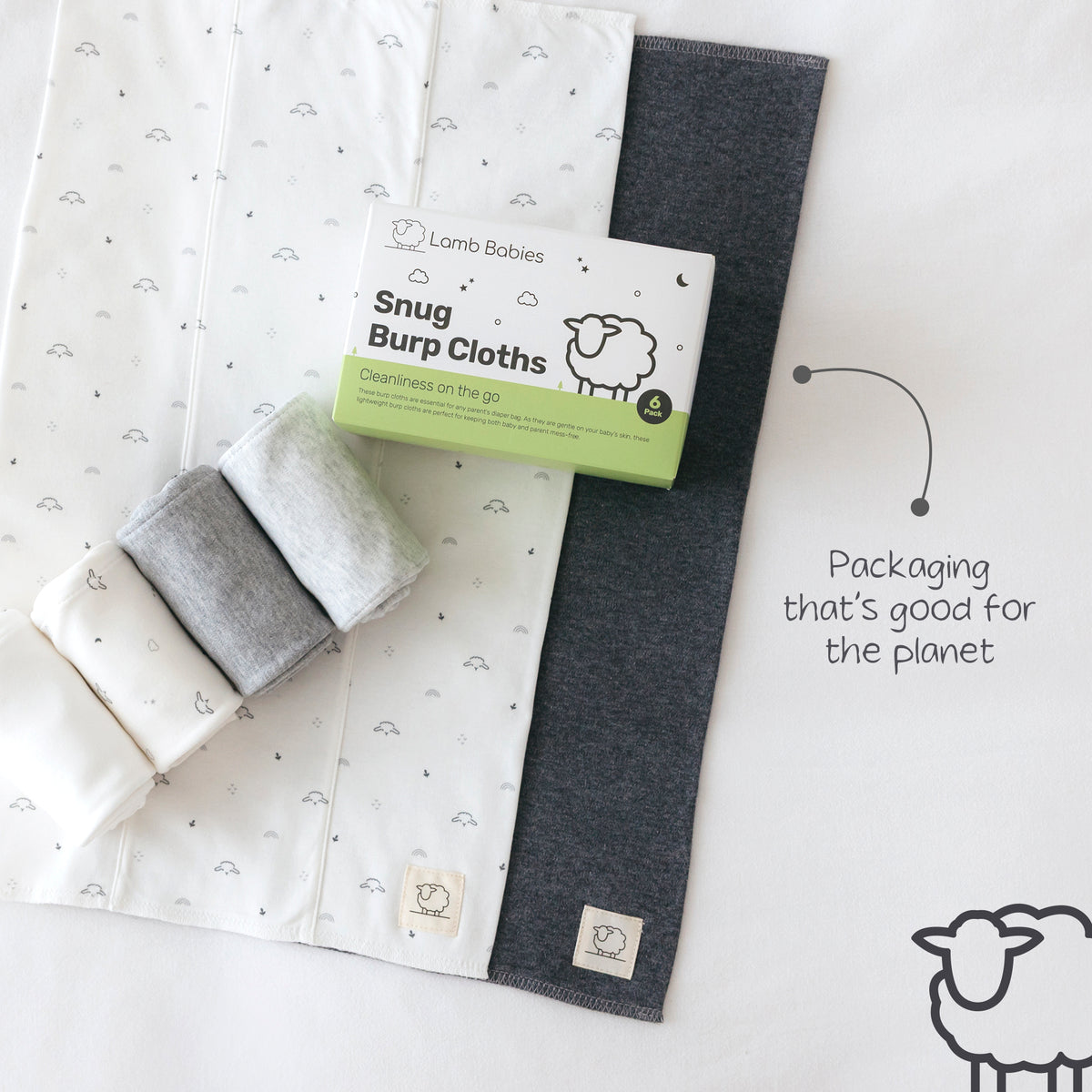 Lamb Babies Snug Burp Cloths in Pattern with recyclable packaging