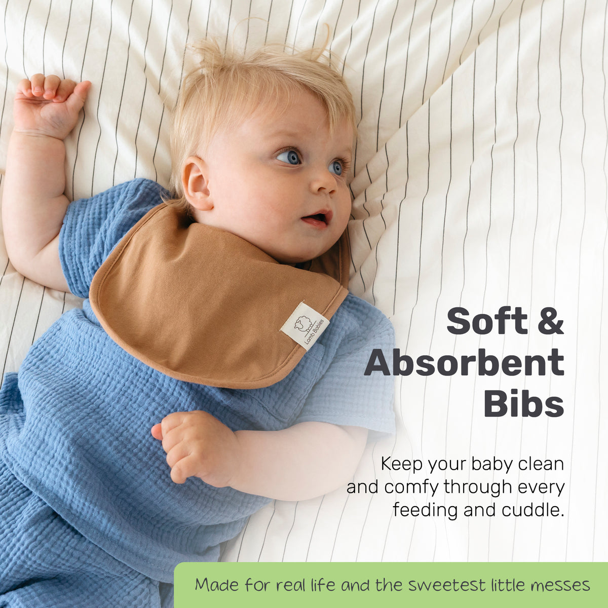 Toddler wearing a blue Lamb Babies Snug Drool Bib