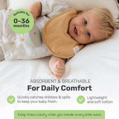 Baby wearing a Lamb Babies Snug Drool Bib, for ages 0-36 months
