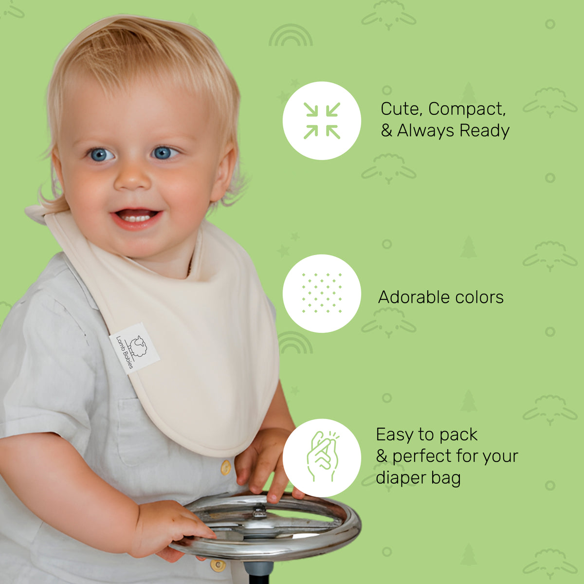 Baby wearing a Lamb Babies Snug Drool Bib with snap closure