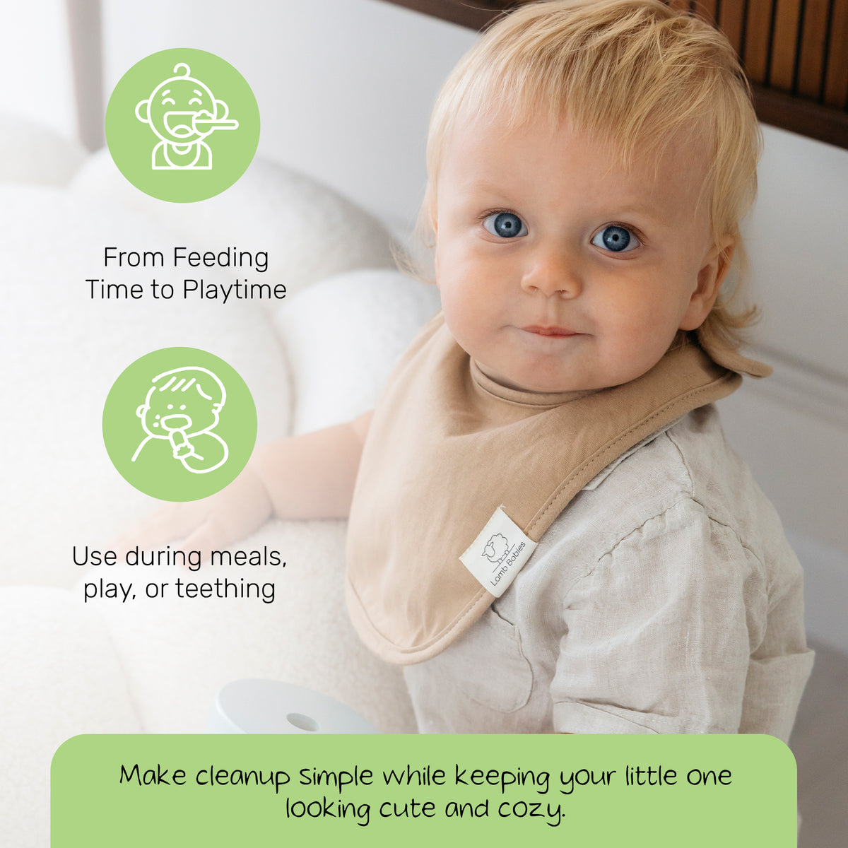 Toddler wearing a cream Lamb Babies Snug Drool Bib