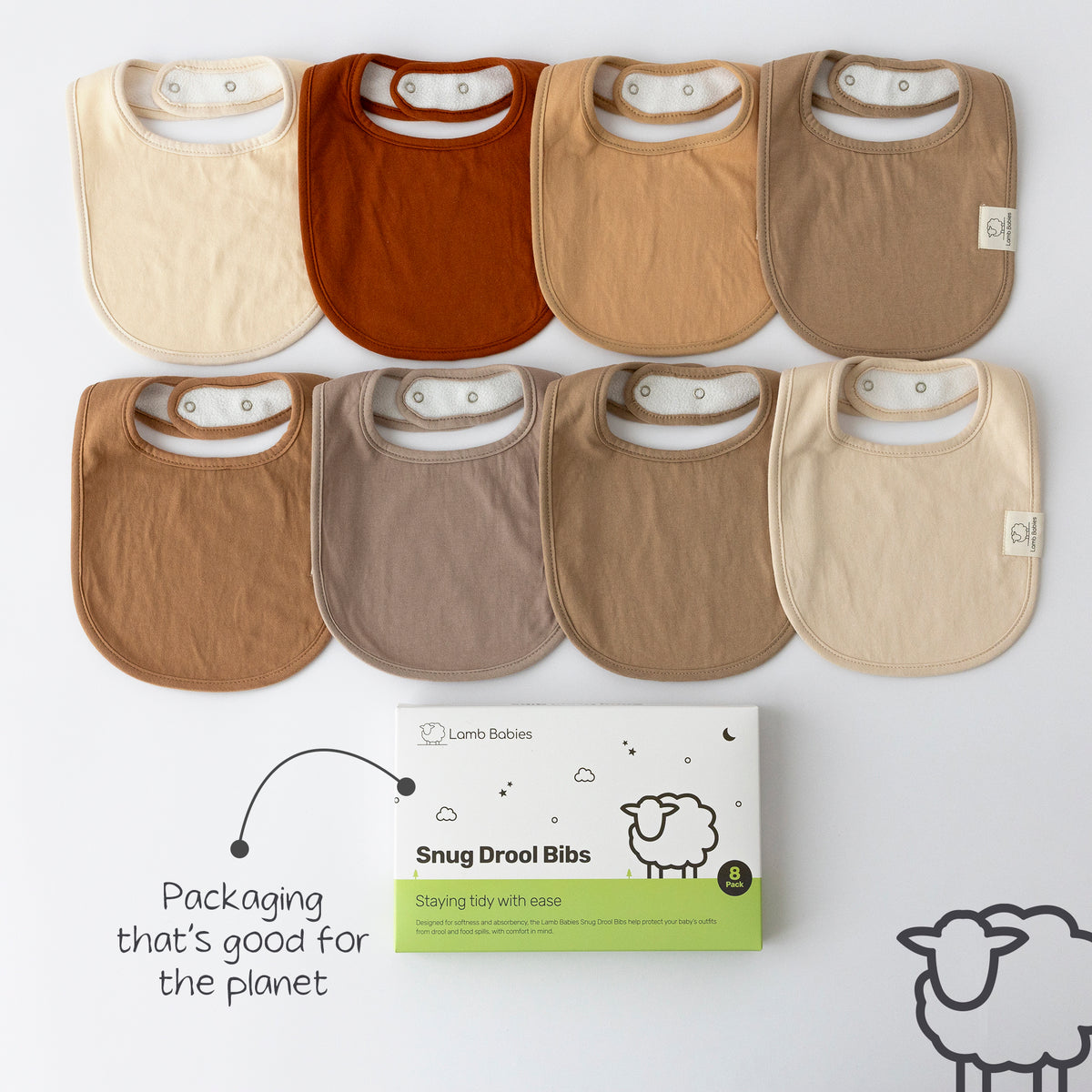 Lamb Babies Snug Drool Bibs in Brown tones with recyclable packaging