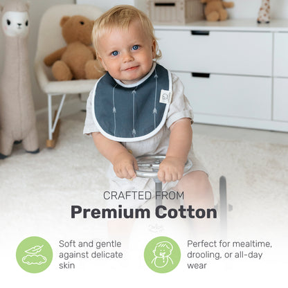 Toddler wearing a navy Lamb Babies Snug Drool Bib