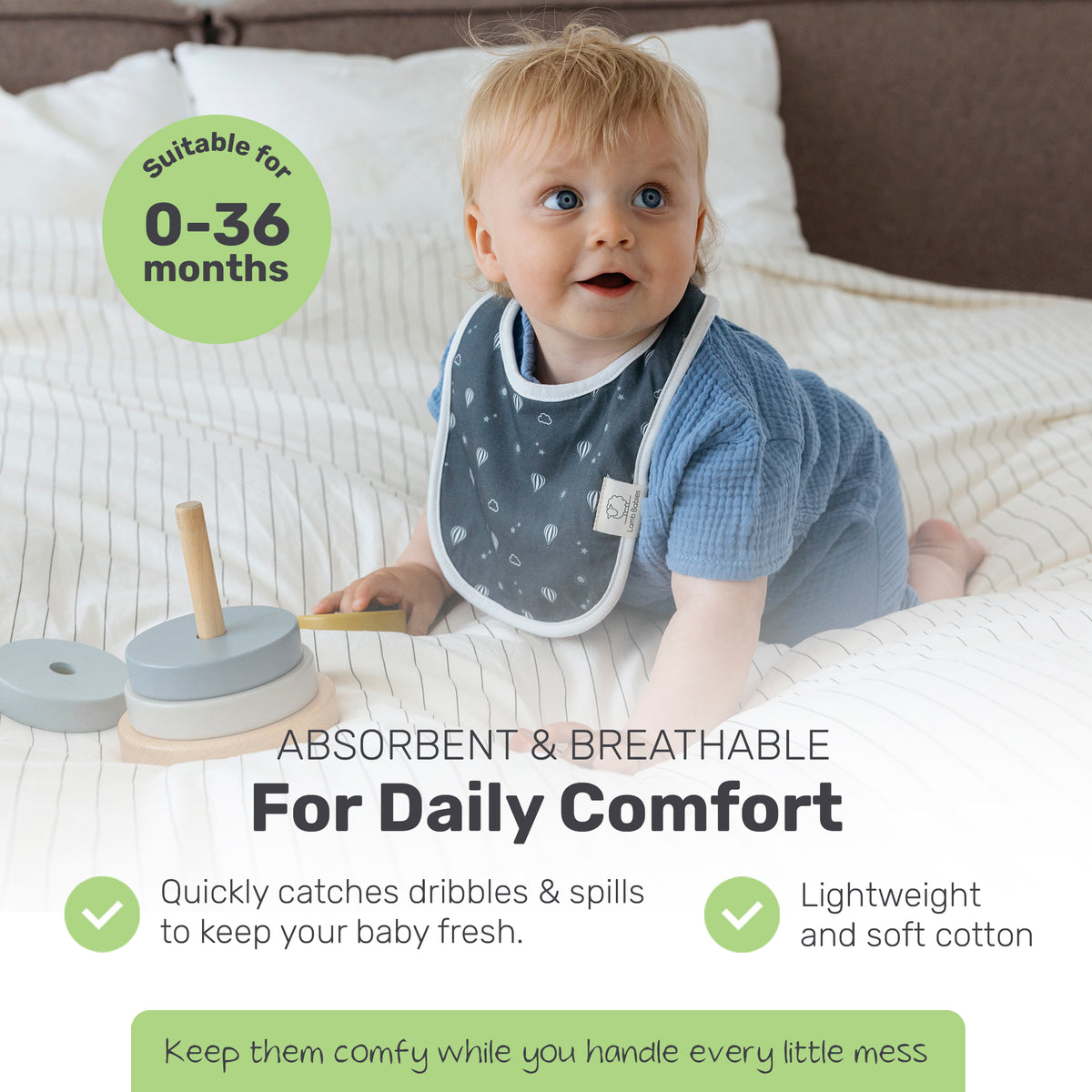 Baby wearing a patterned Lamb Babies Snug Drool Bib, for ages 0-36 months