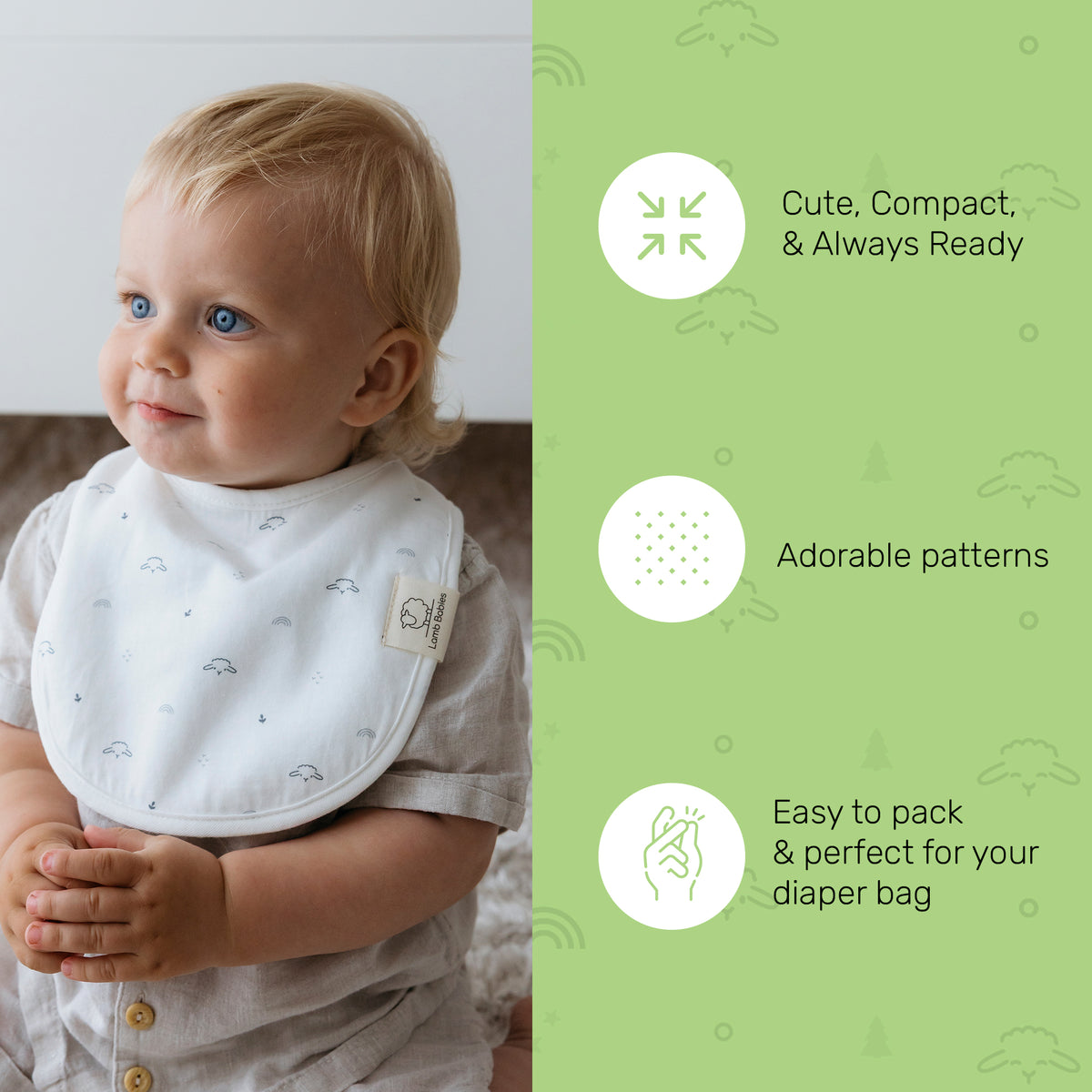 Baby wearing a patterned Lamb Babies Snug Drool Bib with snap closure