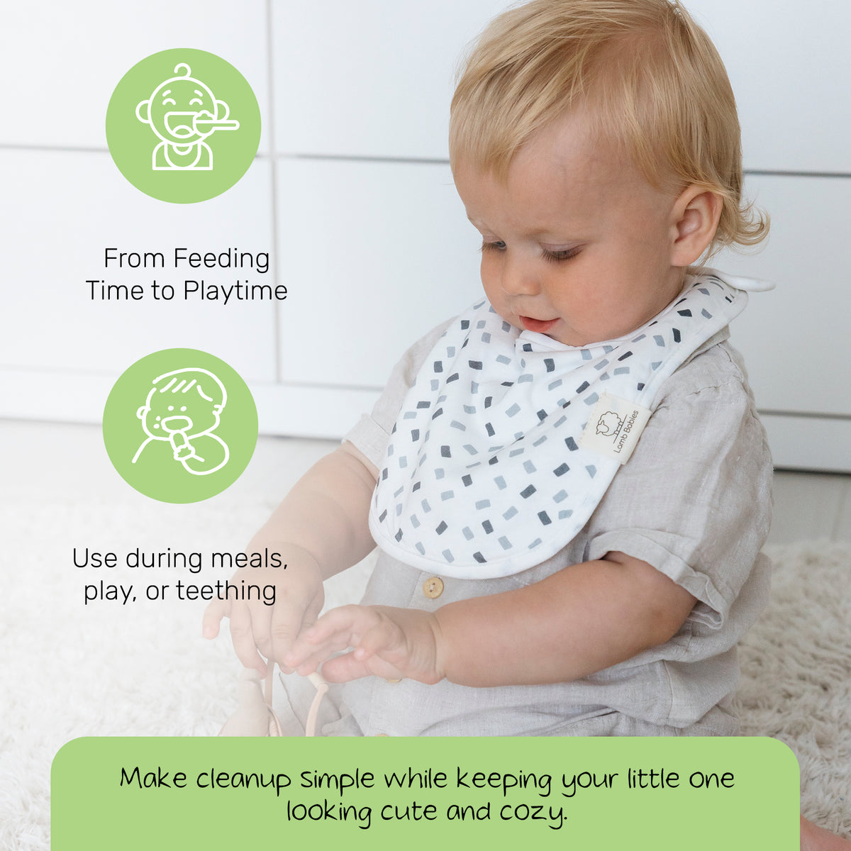 Toddler at play wearing a patterned Lamb Babies Snug Drool Bib