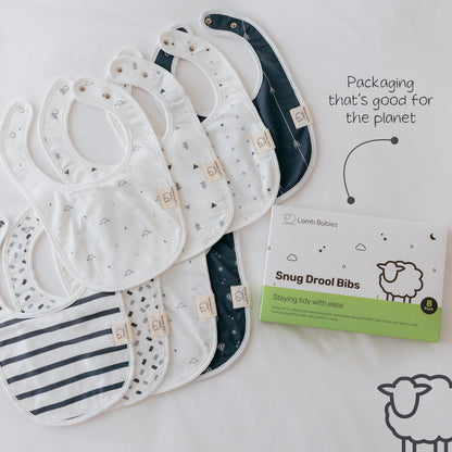Lamb Babies Snug Drool Bibs in Pattern with recyclable packaging