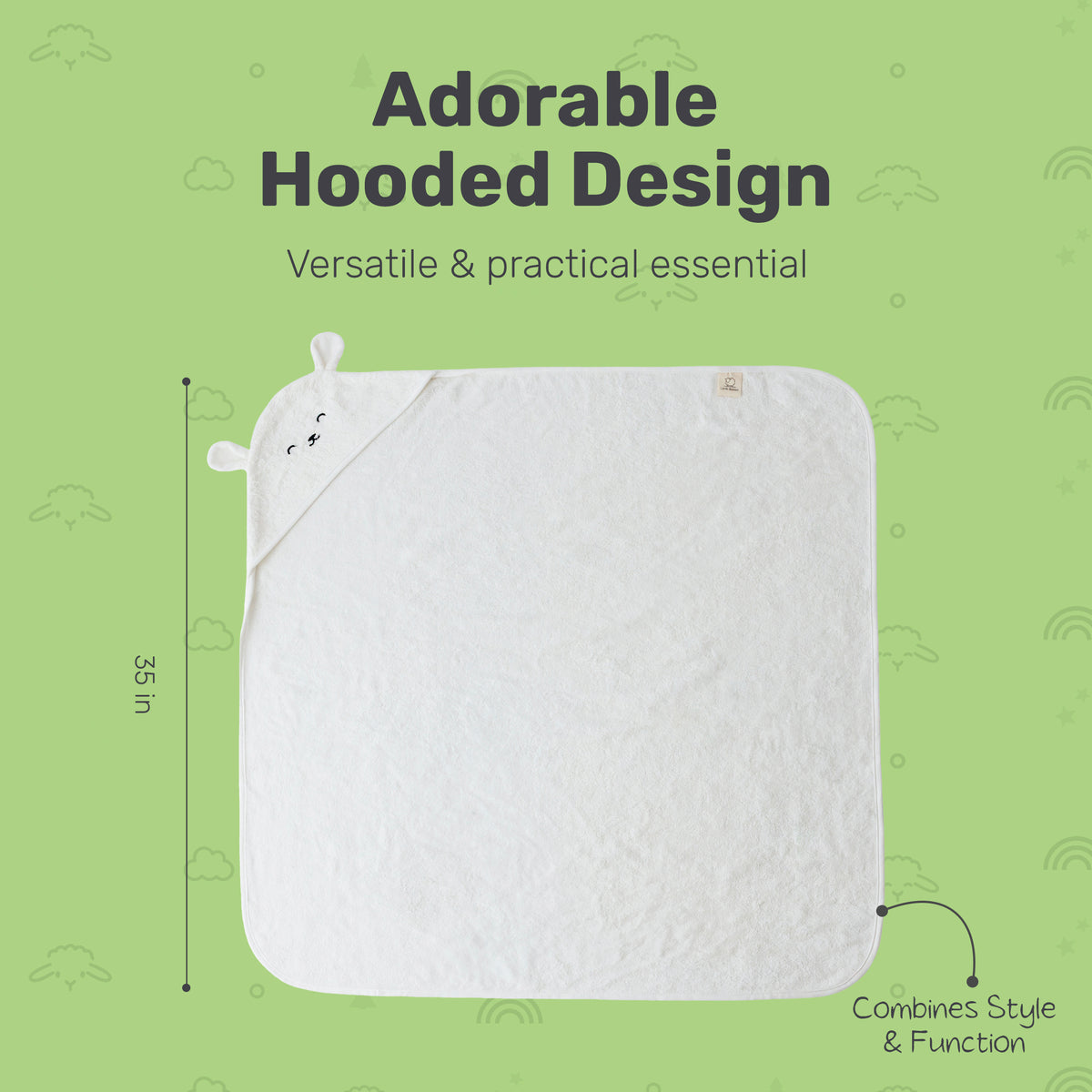 Lamb Babies hooded towel with eared hood, shown with dimensions
