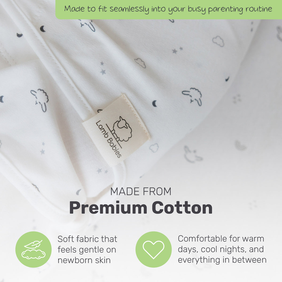 Lamb Babies Snug Swaddle Wrap in cotton with hook-and-loop fasteners