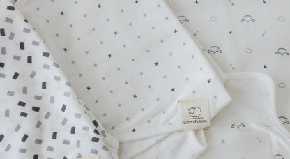Patterned Lamb Babies Snug Swaddle Wrap, close-up