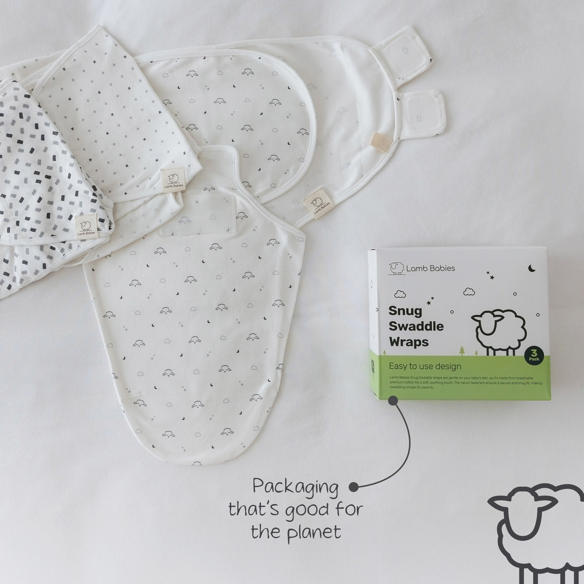 Lamb Babies Snug Swaddle Wraps with recyclable packaging